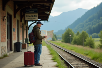 Homme voyageur regardant une carte à une gare rurale en Europe