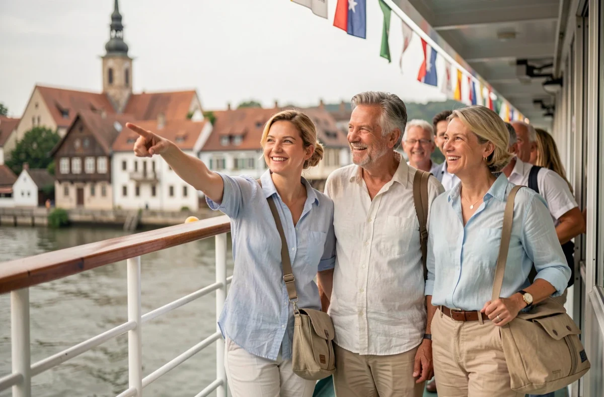 Groupe de voyageurs adultes profitant d'une croisière d'une journée sur le Rhin depuis le pont supérieur