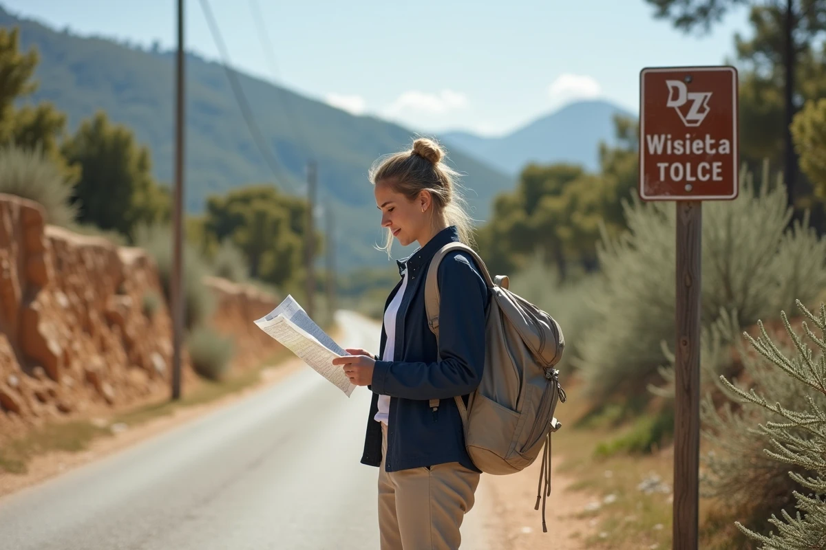 Voyageuse consultant une carte papier à un arrêt de bus rural en Catalogne pour rejoindre le château de Requesens sans voiture