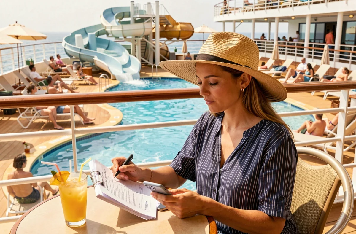 Voyageuse consultant une liste de préparatifs sur le pont piscine d'un grand bateau de croisière