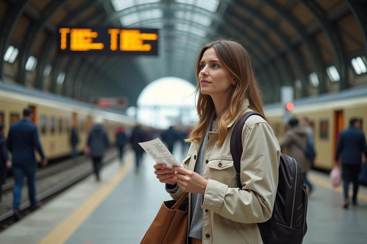 Voyageuse sur un quai de gare française avec valise et billet de train pour Ljubljana