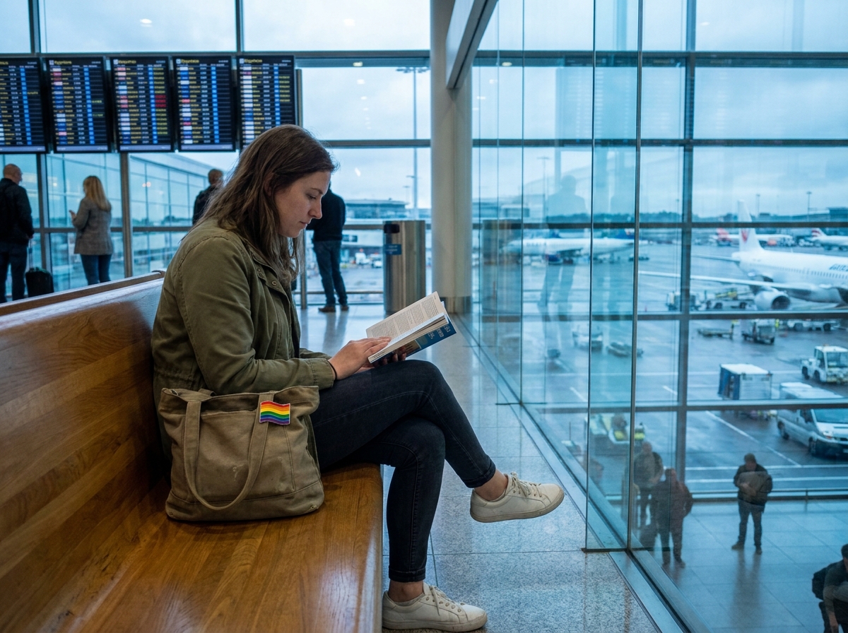 Femme voyageuse LGBTQ+ seule dans un aéroport international consultant un guide de voyage avec un pin's arc-en-ciel visible