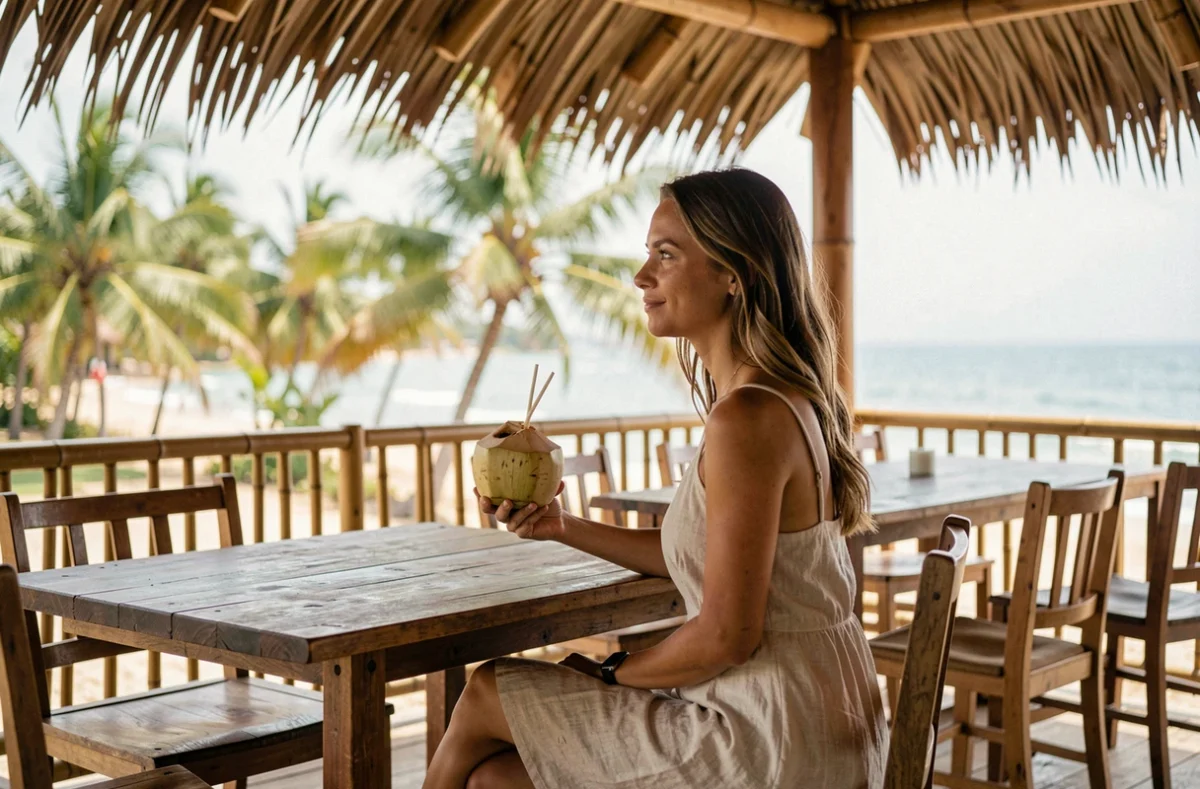 Voyageuse seule profitant d'un restaurant en bord de mer tranquille à Mazunte, Mexique, en dehors de la haute saison