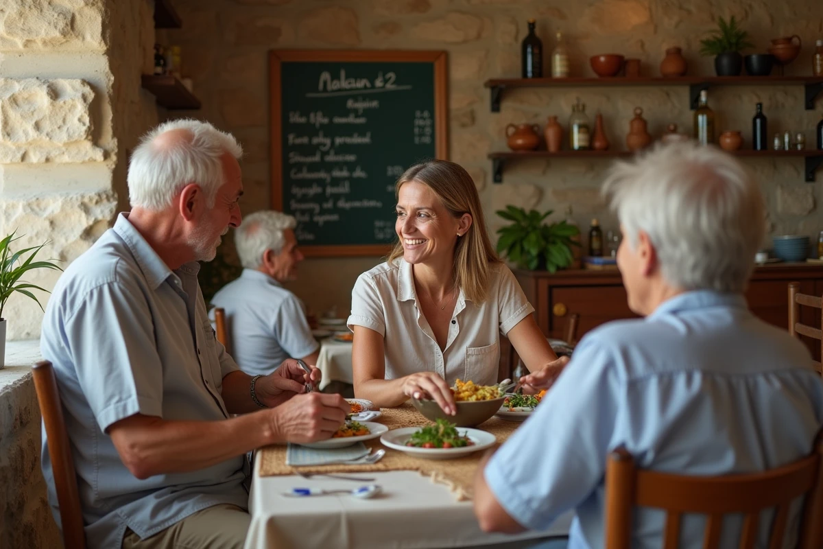 Voyageuse solo partageant un repas avec des habitants locaux dans une taverne familiale traditionnelle à Kythira en Grèce