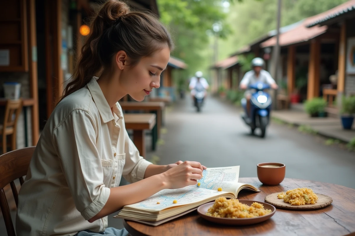Voyageuse occidentale planifiant son itinéraire dans un warung local à Lovina, nord de Bali