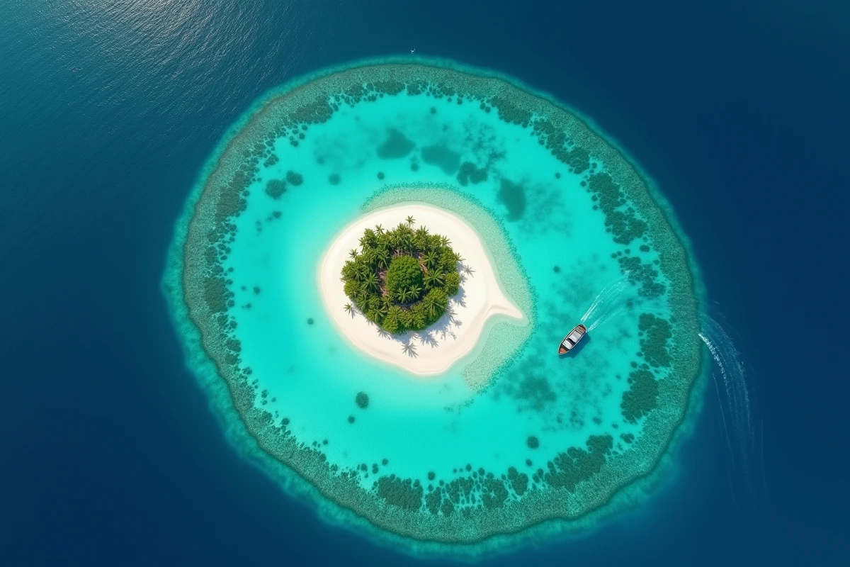 Vue aérienne d'un atoll des Maldives en forme d'anneau corallien avec lagon turquoise et îlots de sable