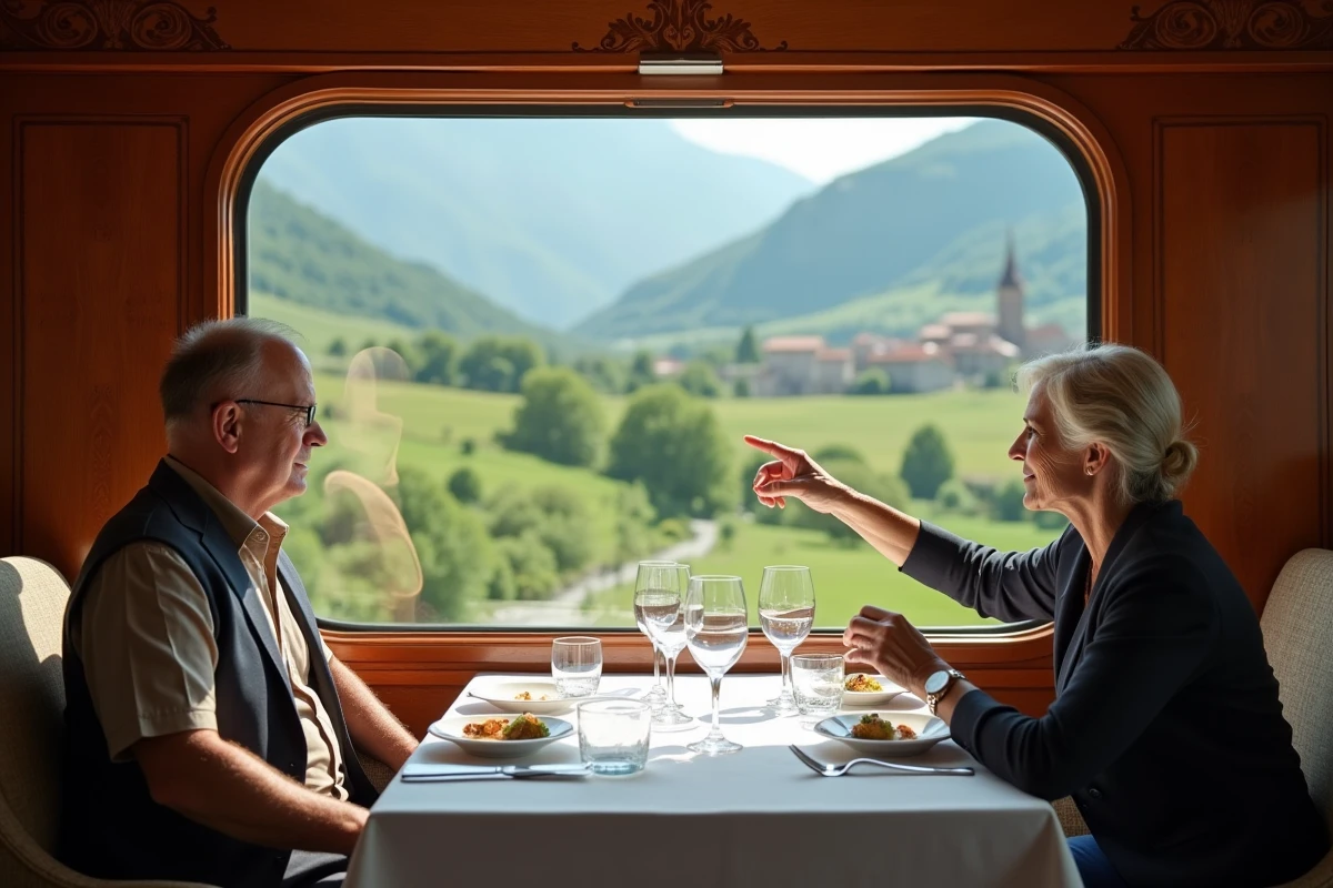 Couple de voyageurs dans le wagon-restaurant de l'Orient Express admirant le paysage des Balkans par la fenêtre