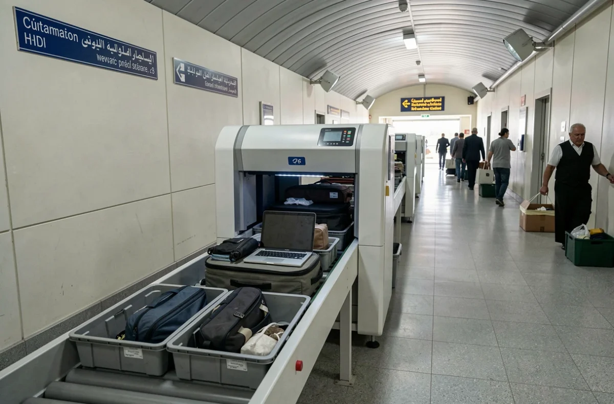 Zone de contrôle des bagages et scanner de sécurité dans le terminal de l'aéroport Al Massira à Agadir