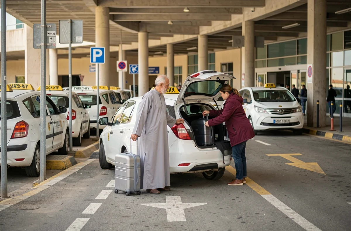 Zone de taxi et de navette devant l'aéroport Mohammed V de Casablanca avec des voyageurs chargeant leurs bagages